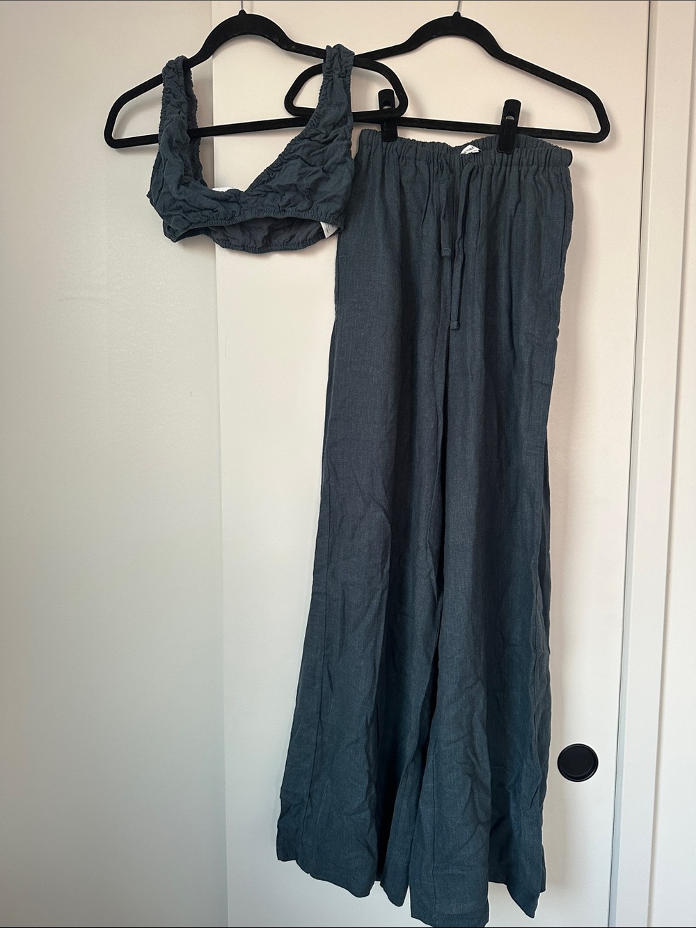 Women's Wide-Leg Linen Pants Set in Slate Blue